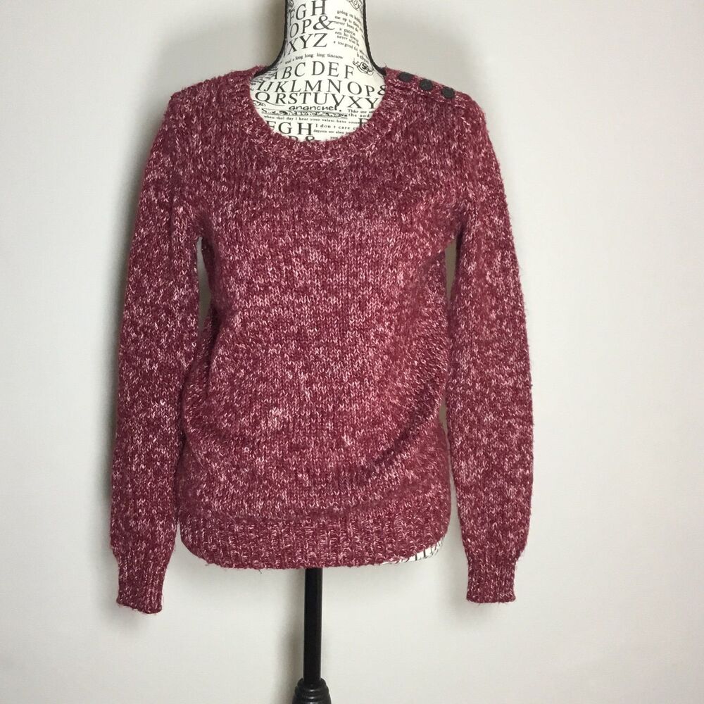 Burgundy pink knit sweater 3 button shoulder detail sparkle in the yarn cozy S